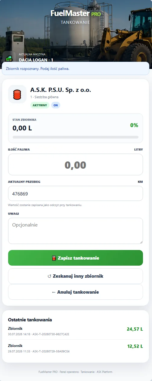 Ekran tankowania operatora